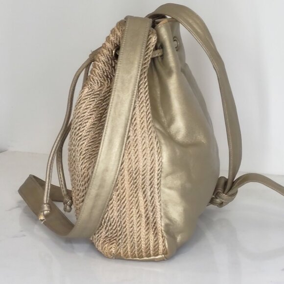 VNTG Sharif Rope Detailed Gold Leather Bucket Crossbody Bag Tasseled Medium - Picture 3 of 15